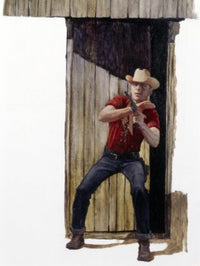 Cowboy shooting pistol outside home poster print