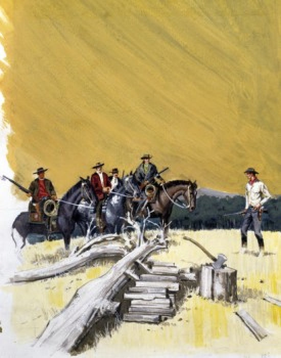 Group of cowboys on horseback on a hill poster print.