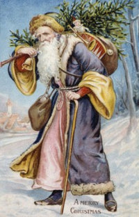 Merry Christmas poster print featuring Santa with a bag of toys, perfect for holiday decor.