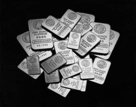 High angle view of a heap of platinum bars poster print