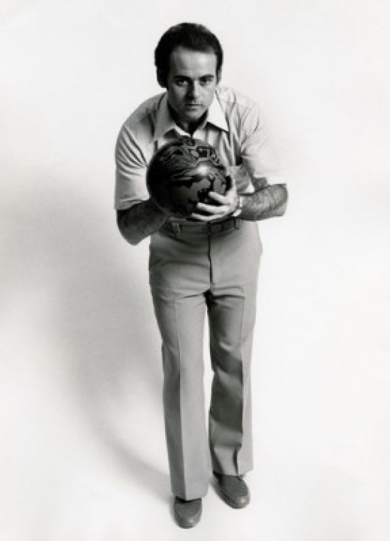 Front view of mid adult man holding a bowling ball poster print