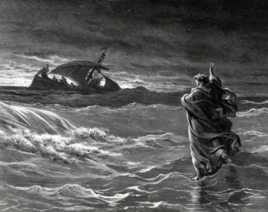 Christ Stilling the Tempest engraving print by Gustave Doré, featuring dramatic biblical scene.