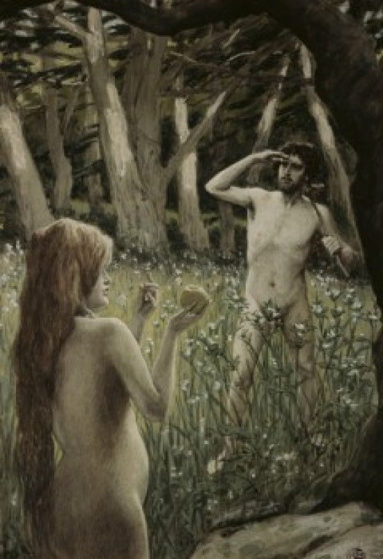 Adam Tempted by Eve Poster Print by James Tissot showcasing biblical themes.