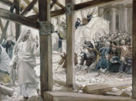 They Cast Stones at Him Art Print by James Tissot, depicting a poignant moment with intricate detail.
