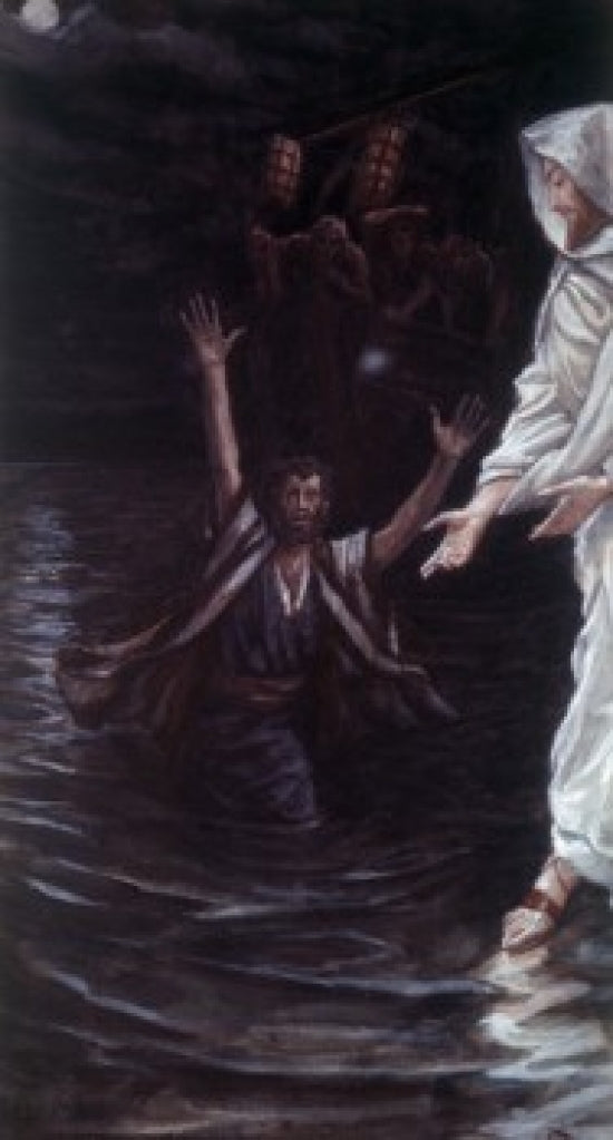 Peter Walks on the Sea Poster Print by James Tissot, vibrant biblical artwork.