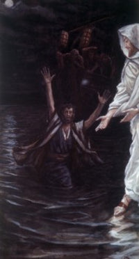 Peter Walks on the Sea Poster Print by James Tissot, vibrant biblical artwork.