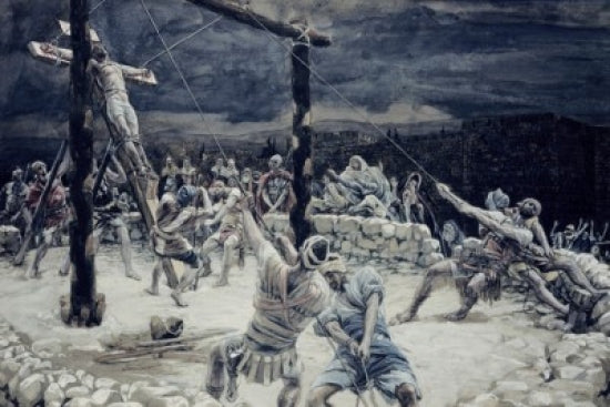 Raising of the Cross poster print by James Tissot, featuring vivid colors and details.