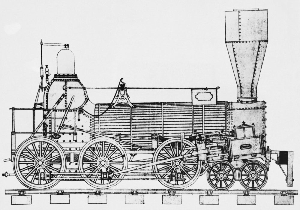 19th Century Locomotive Poster Print showcasing intricate steam locomotive design.