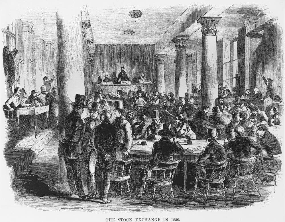 The Stock Exchange 1850 Poster Print showcasing a 19th-century financial hub.