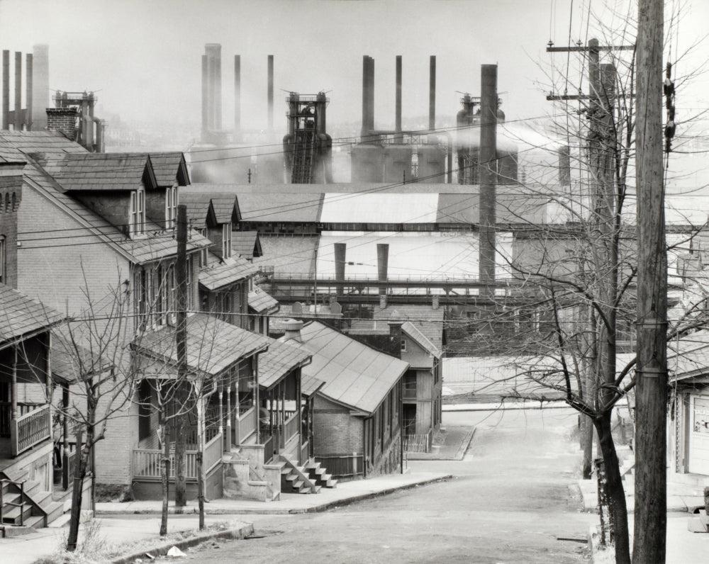 Houses and Steelmill Poster Print showcasing industrial architecture.