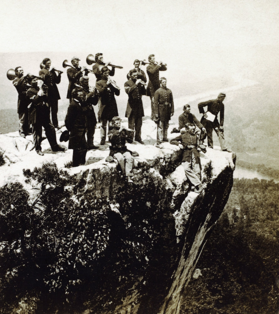 Military Band at Lookout Mountain Poster Print showcasing military musicians on a scenic backdrop.
