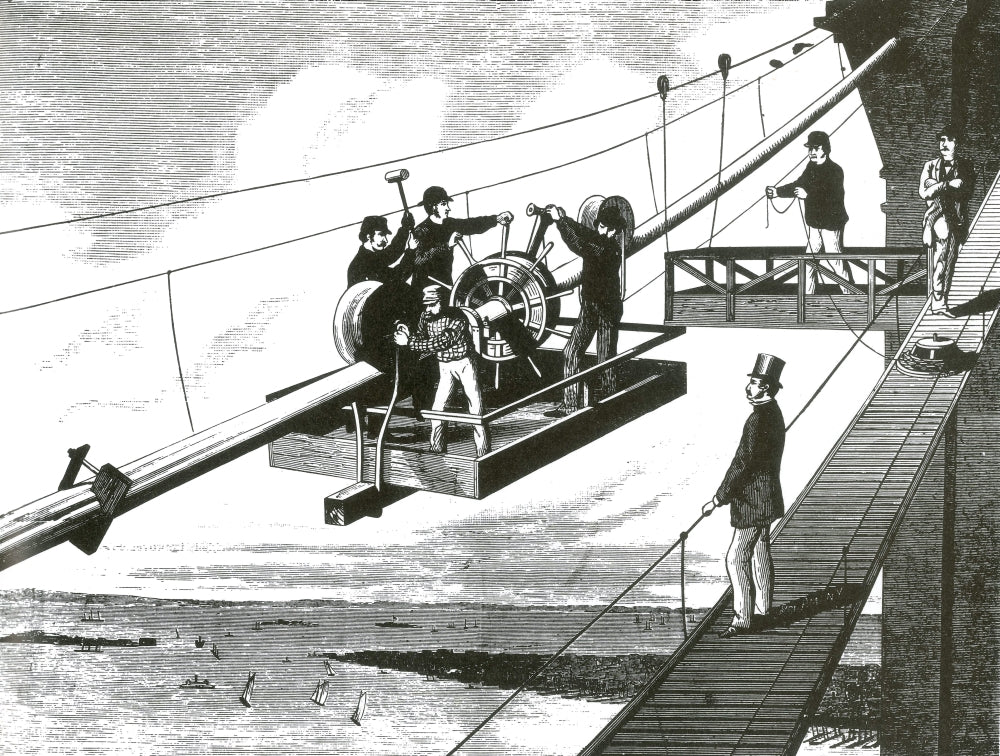 Brooklyn Bridge Construction 1876 Poster Print showcasing historical architecture.