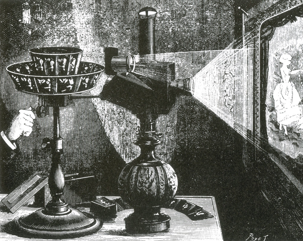 Reynaud's Praxinoscope 1882 poster print showcasing early animation technology