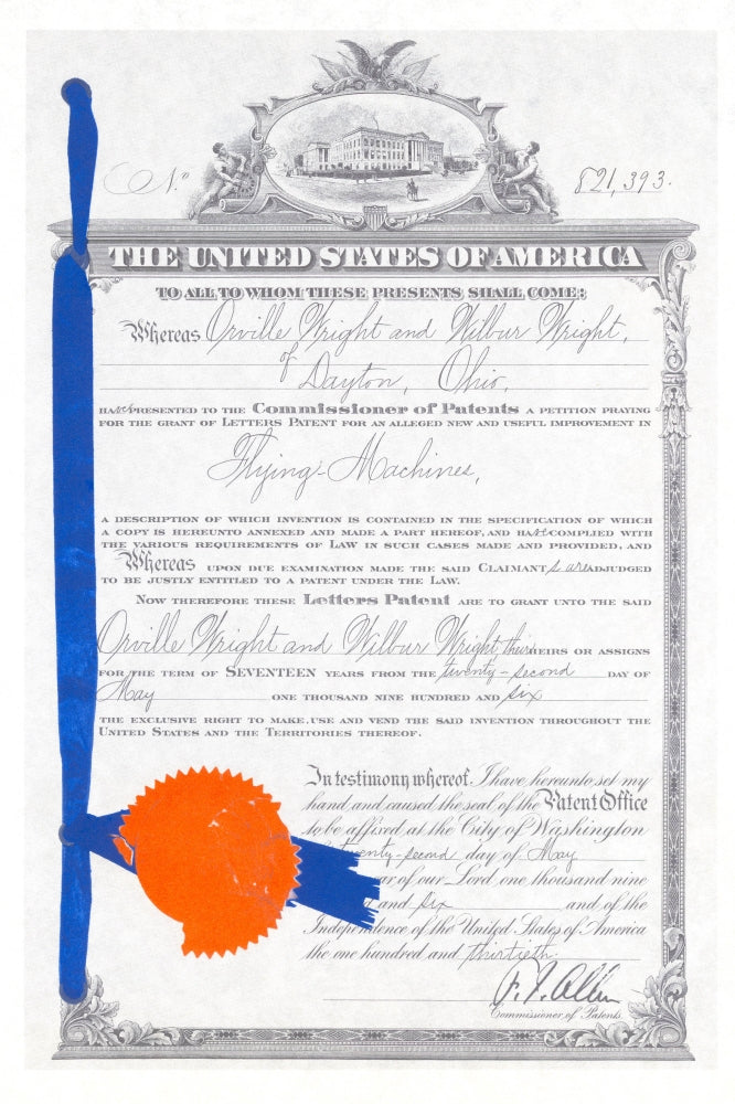 Wright Brothers' Patent Poster Print showcasing aviation history.