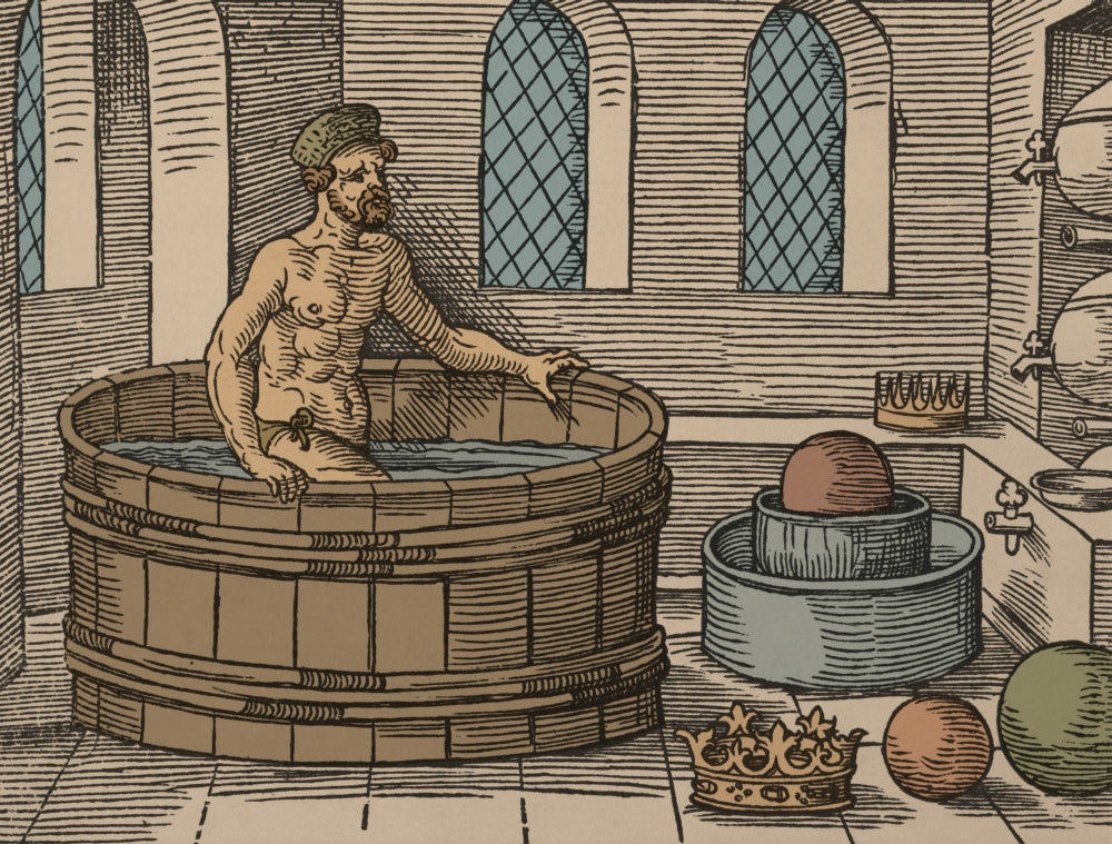 Archimedes and Hydrostatics educational poster print illustrating physics concepts.