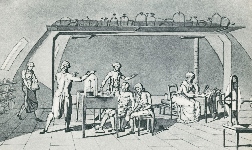 Lavoisier Experimenting Poster Print showcasing scientific experiments.