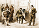 Early Telephone Demonstration Poster Print showcasing historical communication technology.