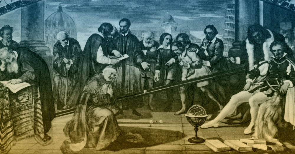 Galileo's Gravity Experiment Poster Print showcasing historic scientific discovery.