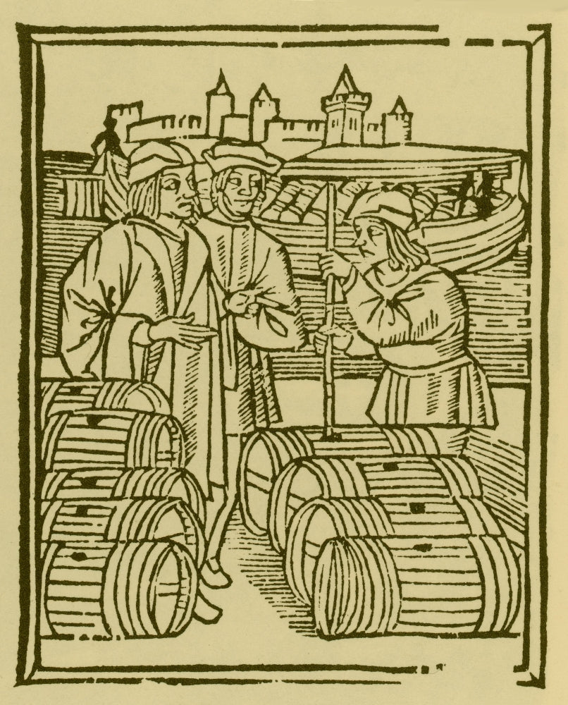 Wine Merchant Medieval Tradesmen Poster Print showcasing vintage market scene.