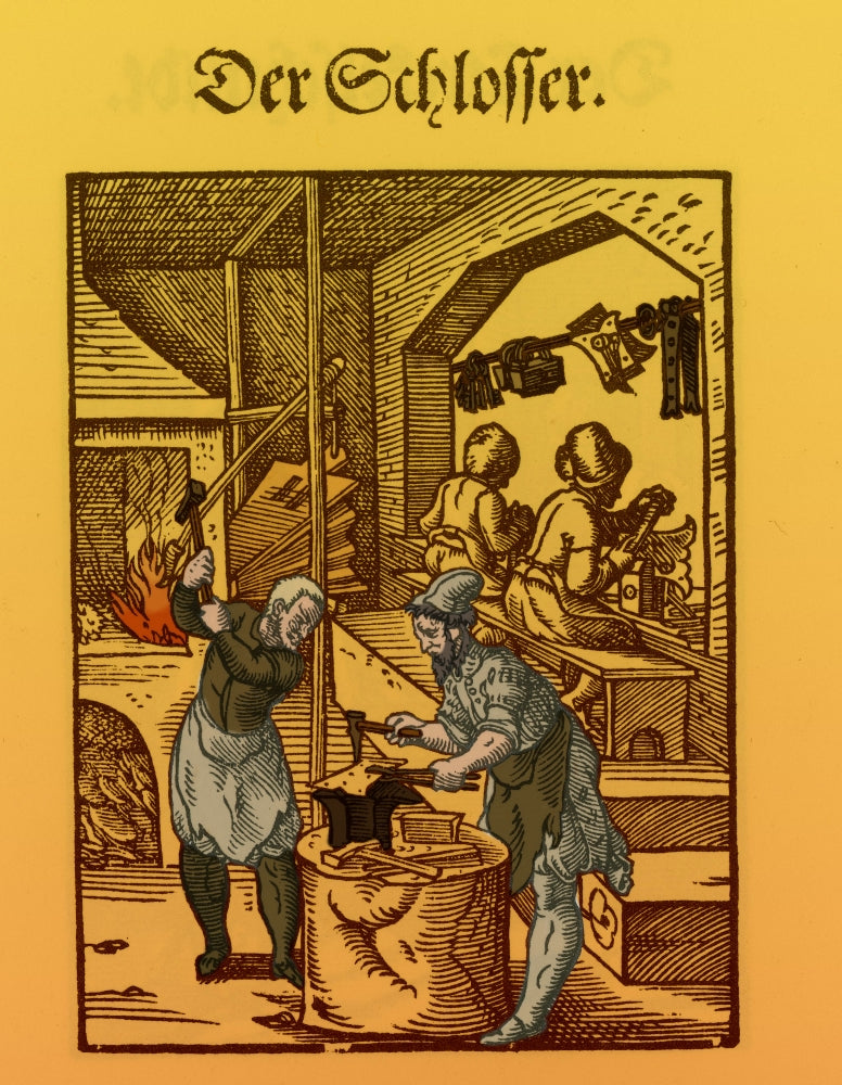Locksmith Medieval Tradesmen Poster Print showcasing intricate tools and craftsmanship.