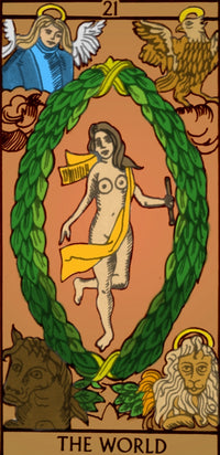 The World Tarot Card Poster Print showcasing vibrant artwork and mystical elements.