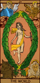 The World Tarot Card Poster Print showcasing vibrant artwork and mystical elements.