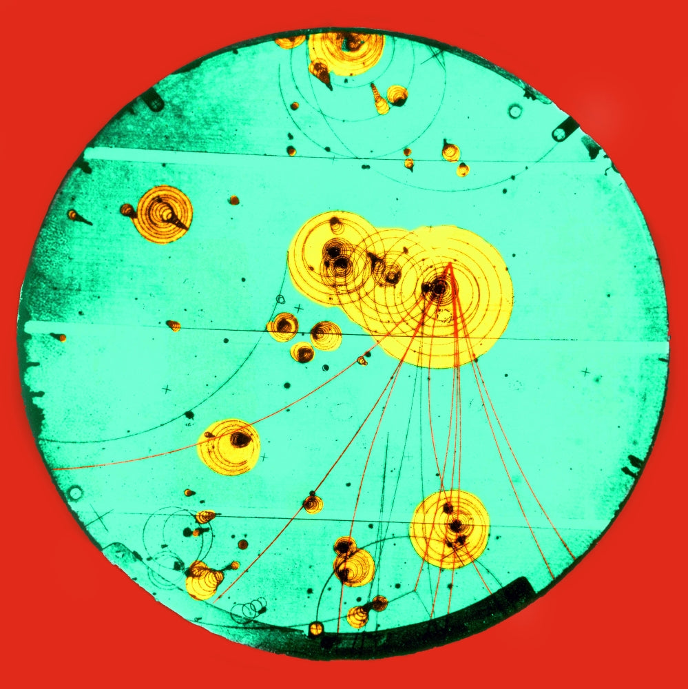 Proton-Photon Collision Poster Print showcasing vibrant physics artwork.
