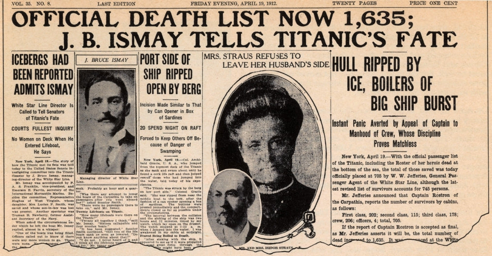 Titanic Sinking in the News Poster Print showcasing historical article.