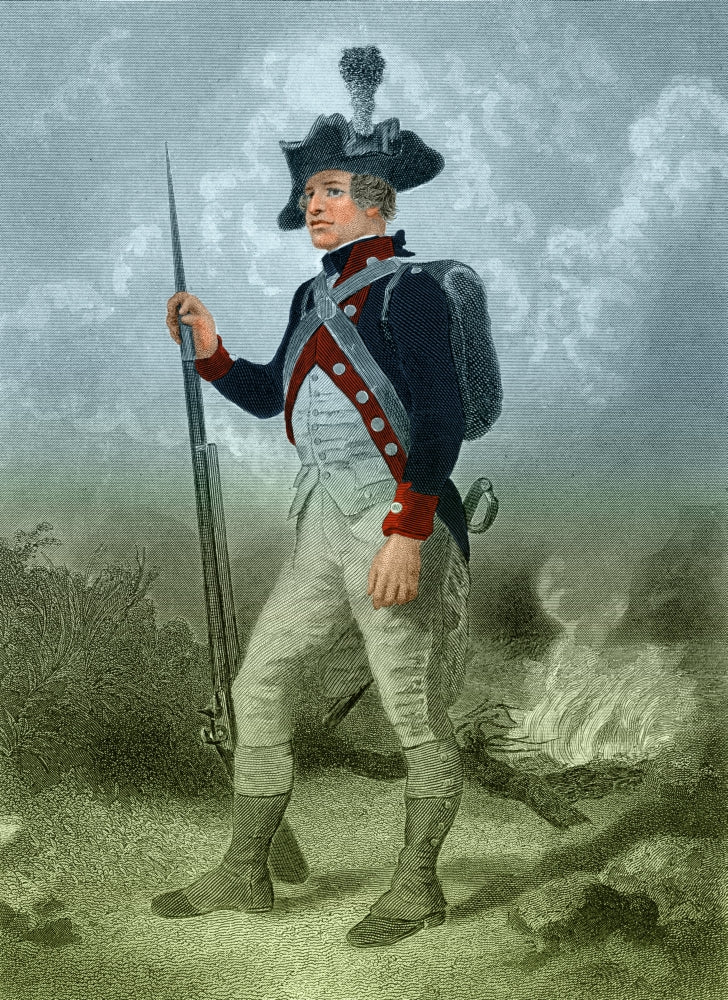 American Continental Soldier Poster Print showcasing a soldier from the American Revolution.