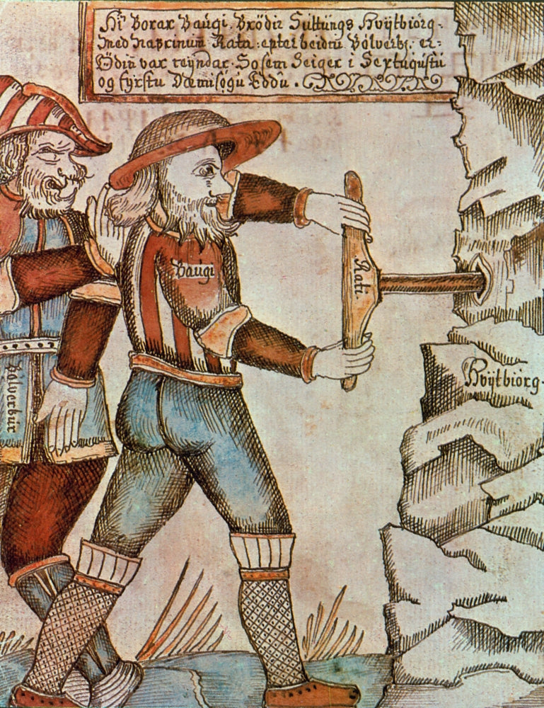 Baugi Drills a Hole in the Mountain Poster Print showcasing mythical imagery.