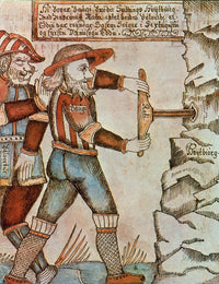 Baugi Drills a Hole in the Mountain Poster Print showcasing mythical imagery.