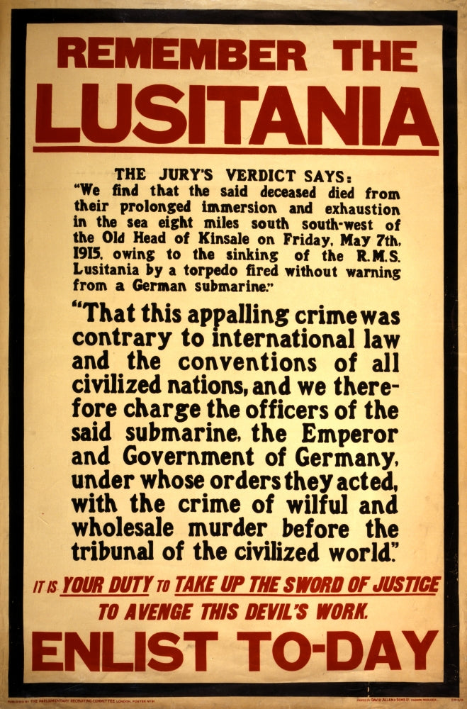 WWI Remember the Lusitania Poster Print showcasing historical artwork.