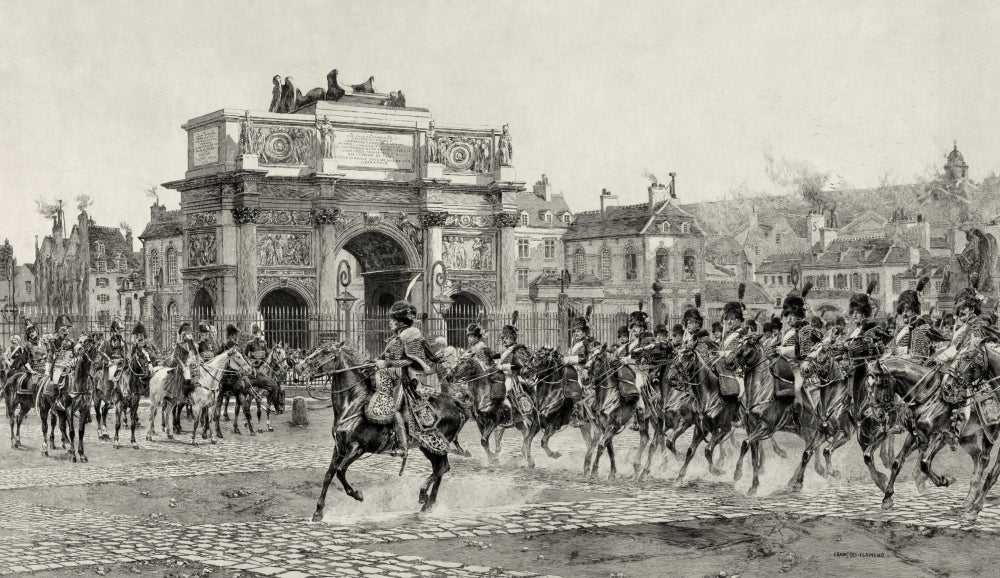 Napoleon Reviewing Cavalry 1810 Poster Print showcasing military history.