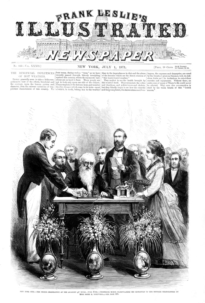 Samuel Morse Telegraph Demonstration Poster Print from 1871, showcasing communication technology history.