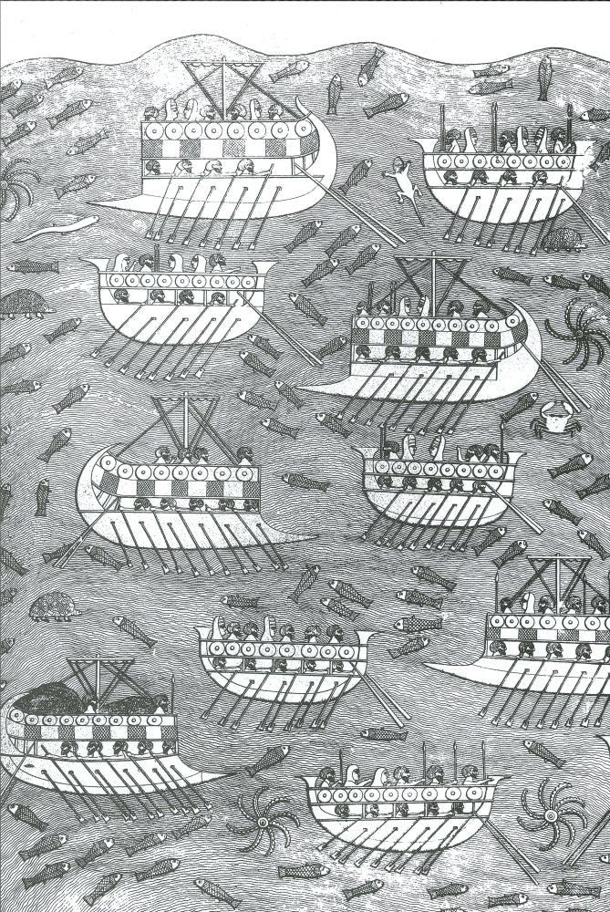 Bireme Sailing Ships 7th Century BC Poster Print showcasing ancient maritime history.
