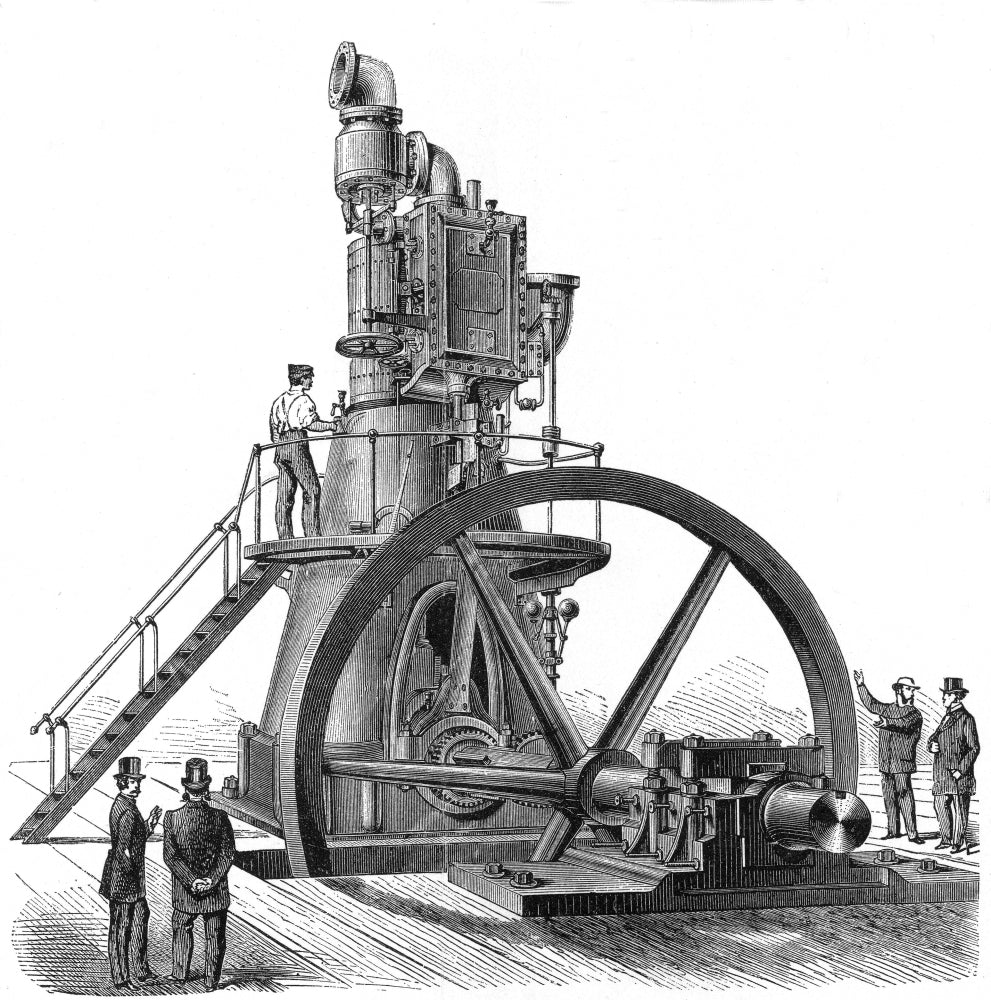 Vertical Steam Engine Poster Print showcasing intricate mechanical design.