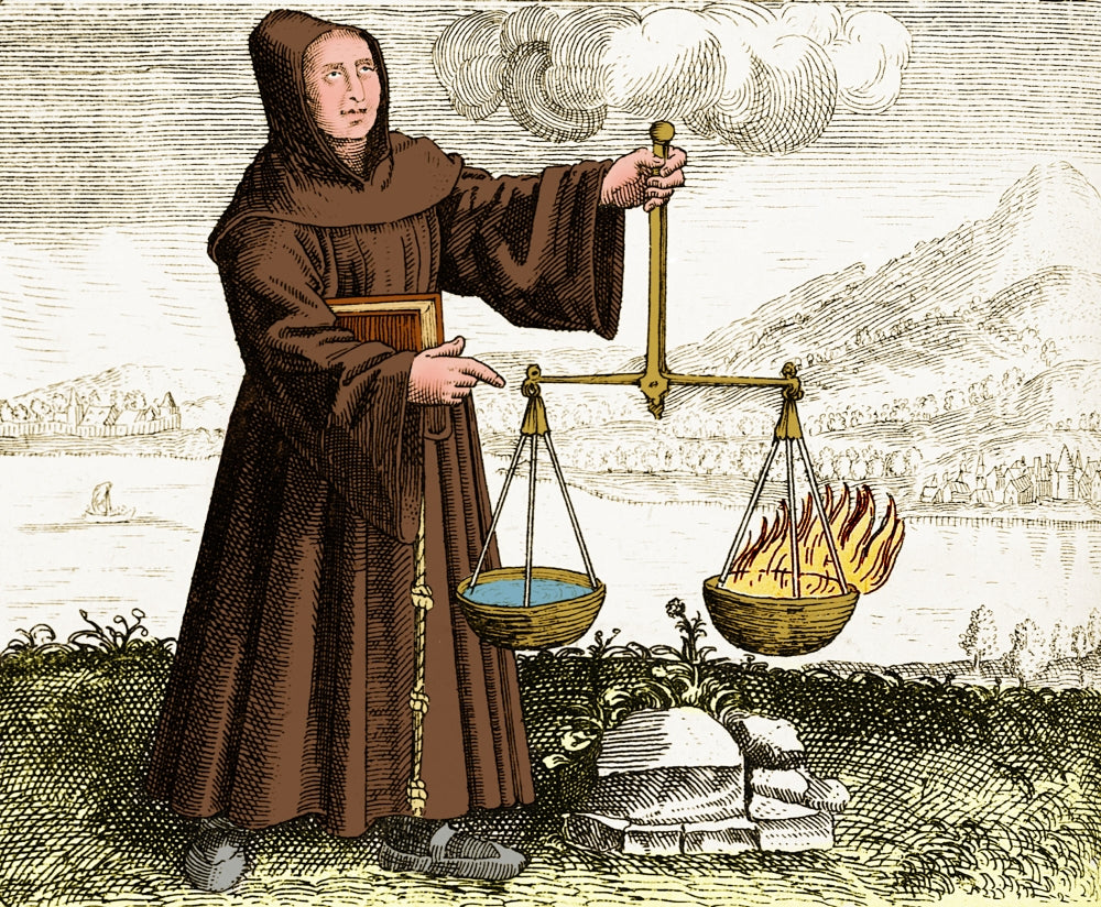 Roger Bacon Conducting Experiment Poster Print showcasing scientific inquiry.