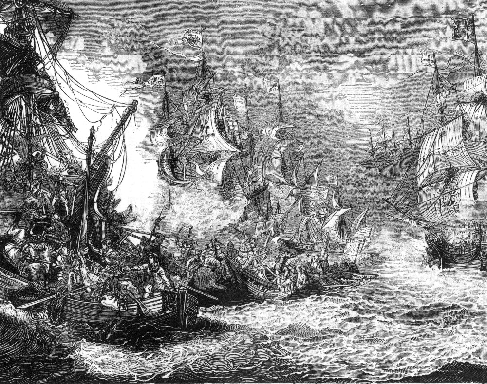 Defeat of the Spanish Armada 1588 poster print showcasing a historical naval battle.