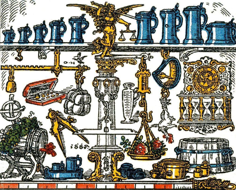 Weights and Measures 1885 Poster Print showcasing scientific measurement history.