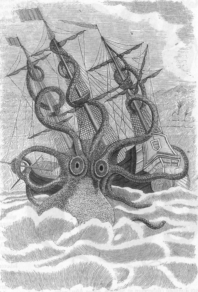 Giant Squid Attacking Ship Poster Print showcasing a dramatic ocean scene.