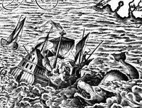 Sea Serpent Attacking Ship art print from 1583, vibrant and dramatic design.