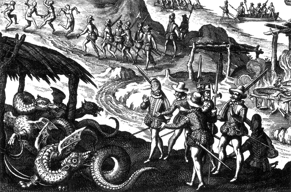 Native Americans Roasting Dragons Poster Print - vibrant art piece