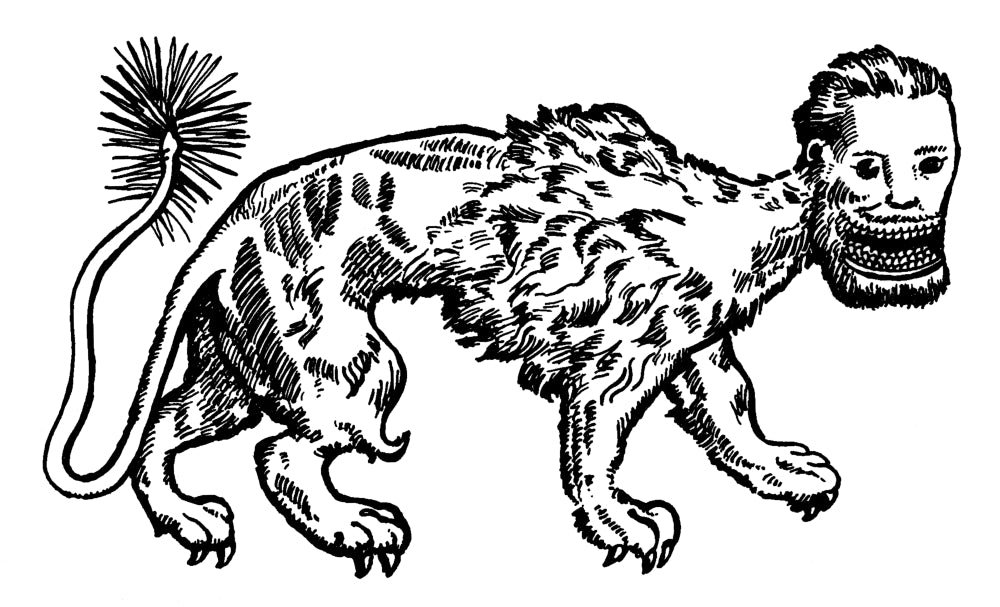 Manticore Legendary Creature Poster Print showcasing a mythical lion-human-scorpion creature.