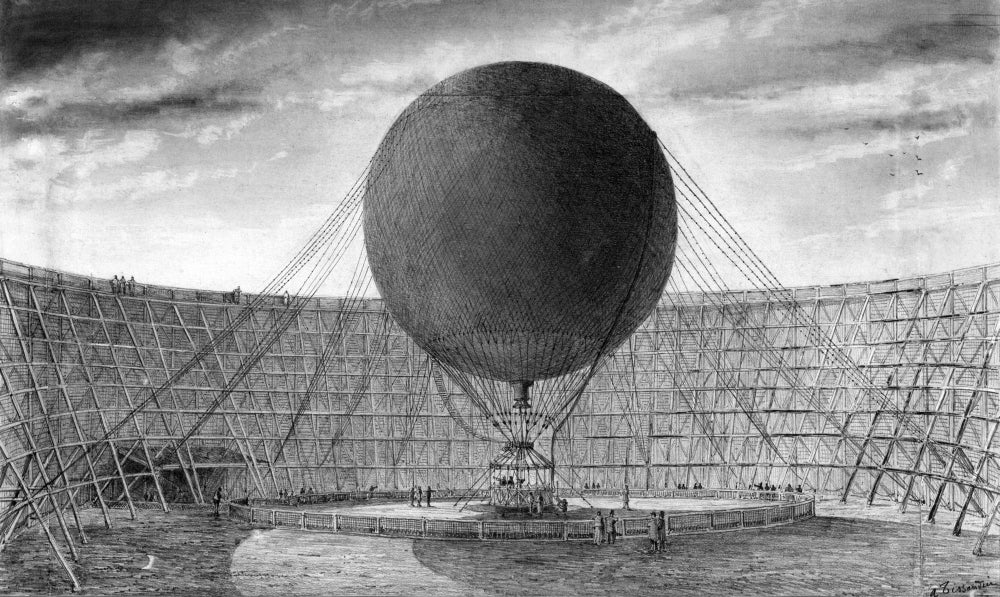 Giffard's Captive Balloon 19th Century Poster Print showcasing early aviation.