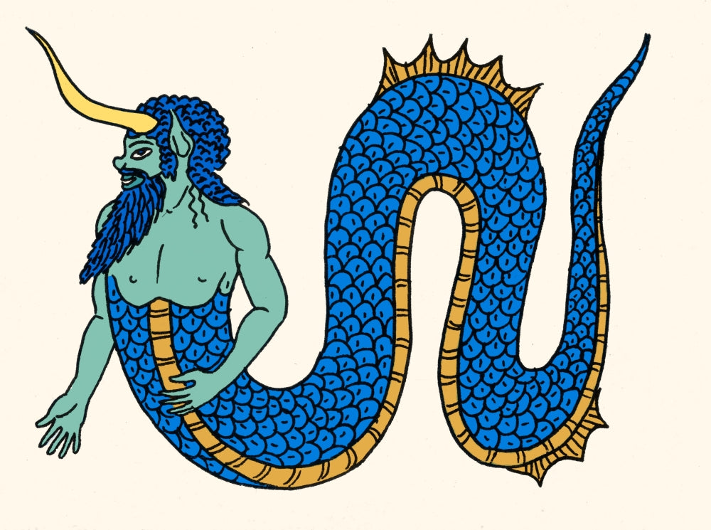 Merman Legendary Creature Poster Print showcasing a mythical figure in an oceanic backdrop.