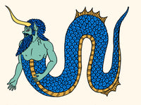 Merman Legendary Creature Poster Print showcasing a mythical figure in an oceanic backdrop.