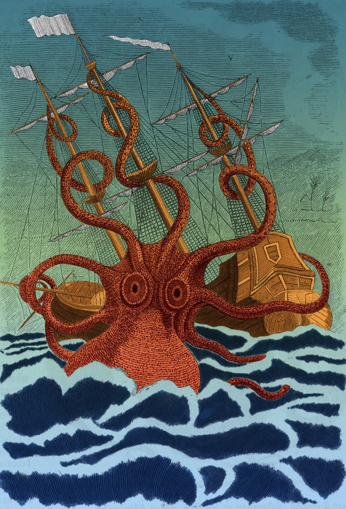 Giant Squid Attacking Ship 1801 Poster Print