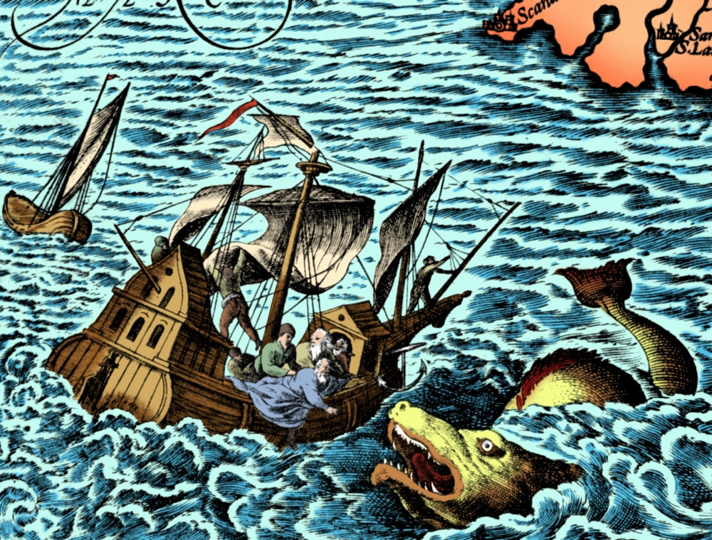 Sea Serpent Attacking Ship historical illustration art print.