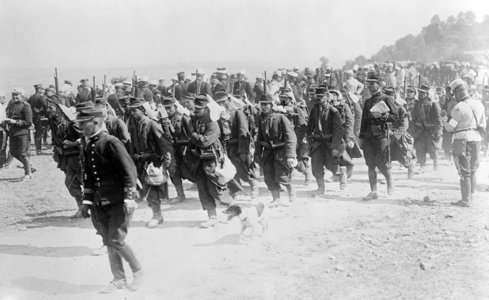 WWI French Soldiers on the March Poster Print showcasing soldiers in historic attire.