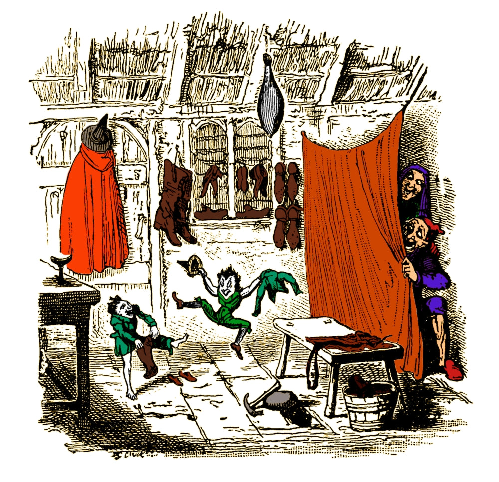 The Elves and the Shoemaker poster print featuring whimsical elves and a shoemaker.